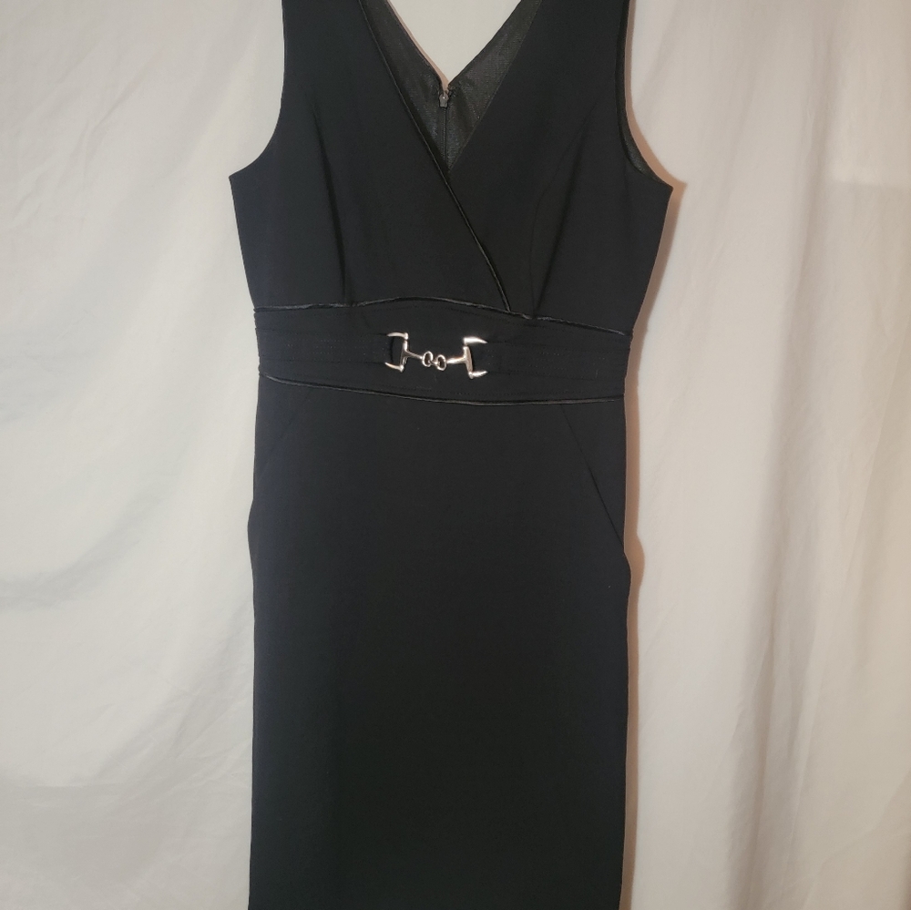 WHITE HOUSE BLACK MARKET BLACK SHEATH DRESS SIZE 4 DEEP V NECK SILVER ACCENTS